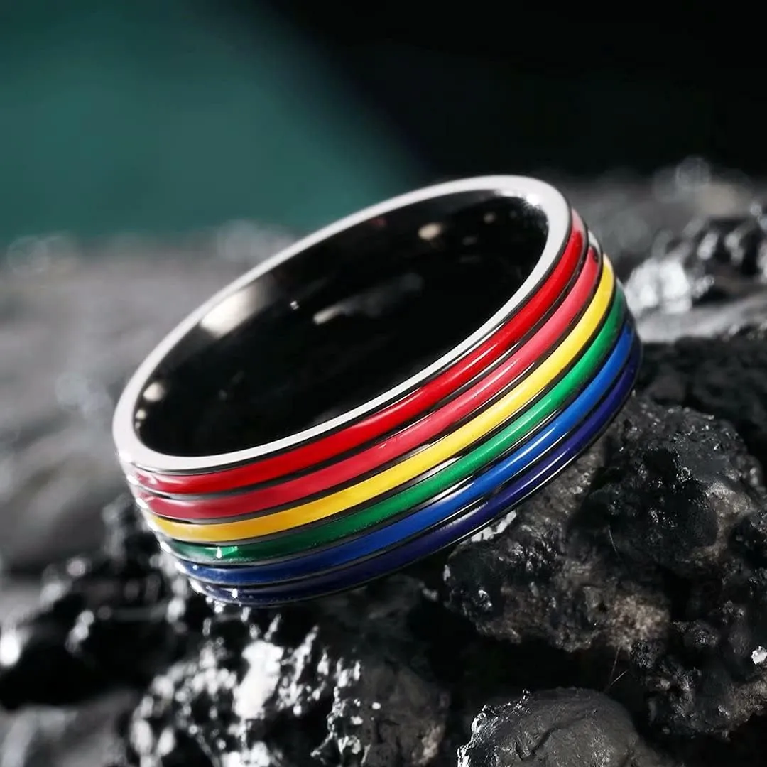 King Will LGBT Pride Rainbow Fidget Rings- Love is Love Wedding Bandfor Men, 8mm Wedding Band with Rainbow Pattern Black/Silver/Gold Stainless Steel Men Ring Wedding Band, Comfort Fit Size 7-14