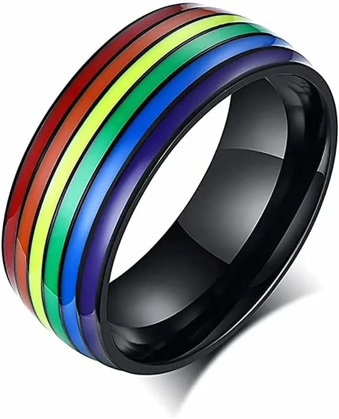 King Will LGBT Pride Rainbow Fidget Rings- Love is Love Wedding Bandfor Men, 8mm Wedding Band with Rainbow Pattern Black/Silver/Gold Stainless Steel Men Ring Wedding Band, Comfort Fit Size 7-14
