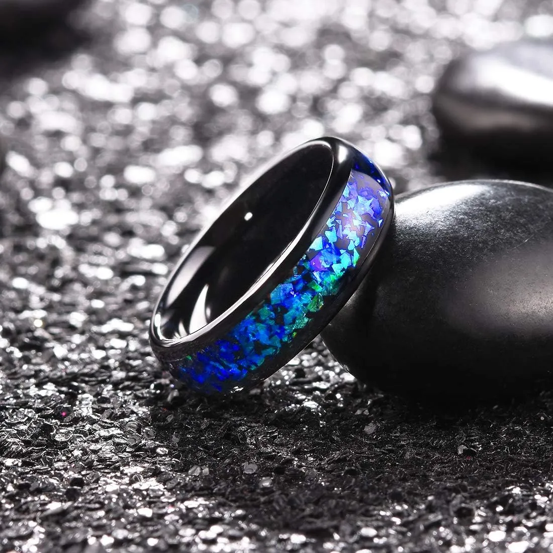 King Will Mens 4mm/6mm/8mm Black Tungsten Wedding Band Blue Green Purple Fragments Inlay Rings Engagement Band Comfort Fit