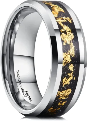 King Will Mens 8mm Black/Silver Tungsten Carbide Wedding Rings with Blue/Gold/Red Foils Inlay Beveled Edge Wedding Band Comfort Fit