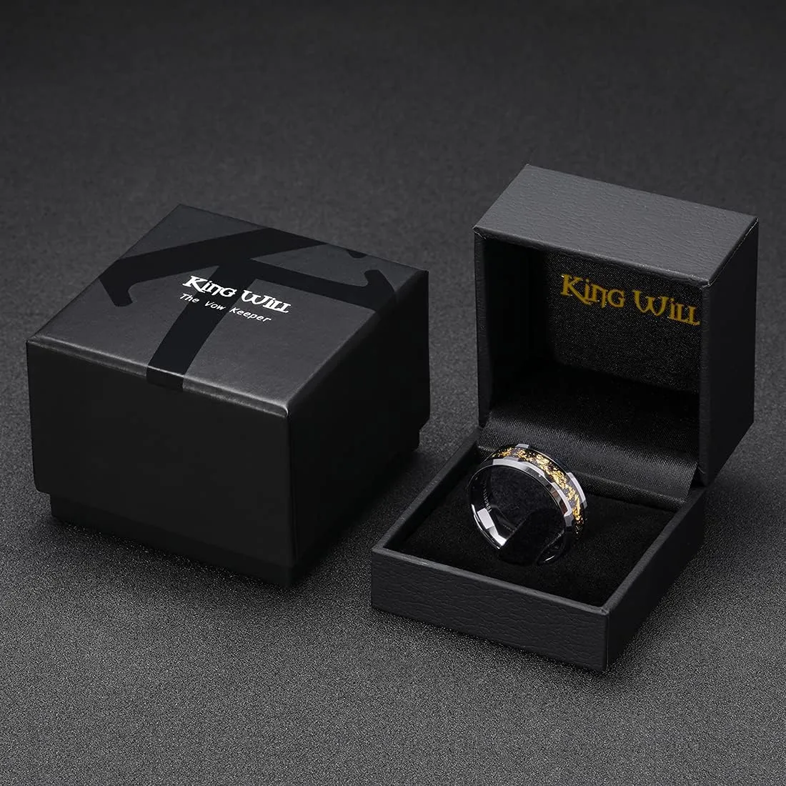 King Will Mens 8mm Black/Silver Tungsten Carbide Wedding Rings with Blue/Gold/Red Foils Inlay Beveled Edge Wedding Band Comfort Fit