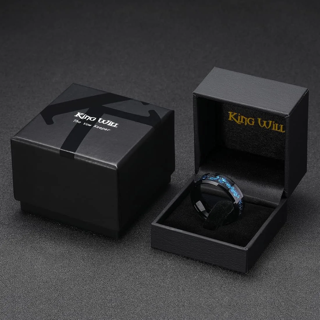 King Will Mens 8mm Black/Silver Tungsten Carbide Wedding Rings with Blue/Gold/Red Foils Inlay Beveled Edge Wedding Band Comfort Fit