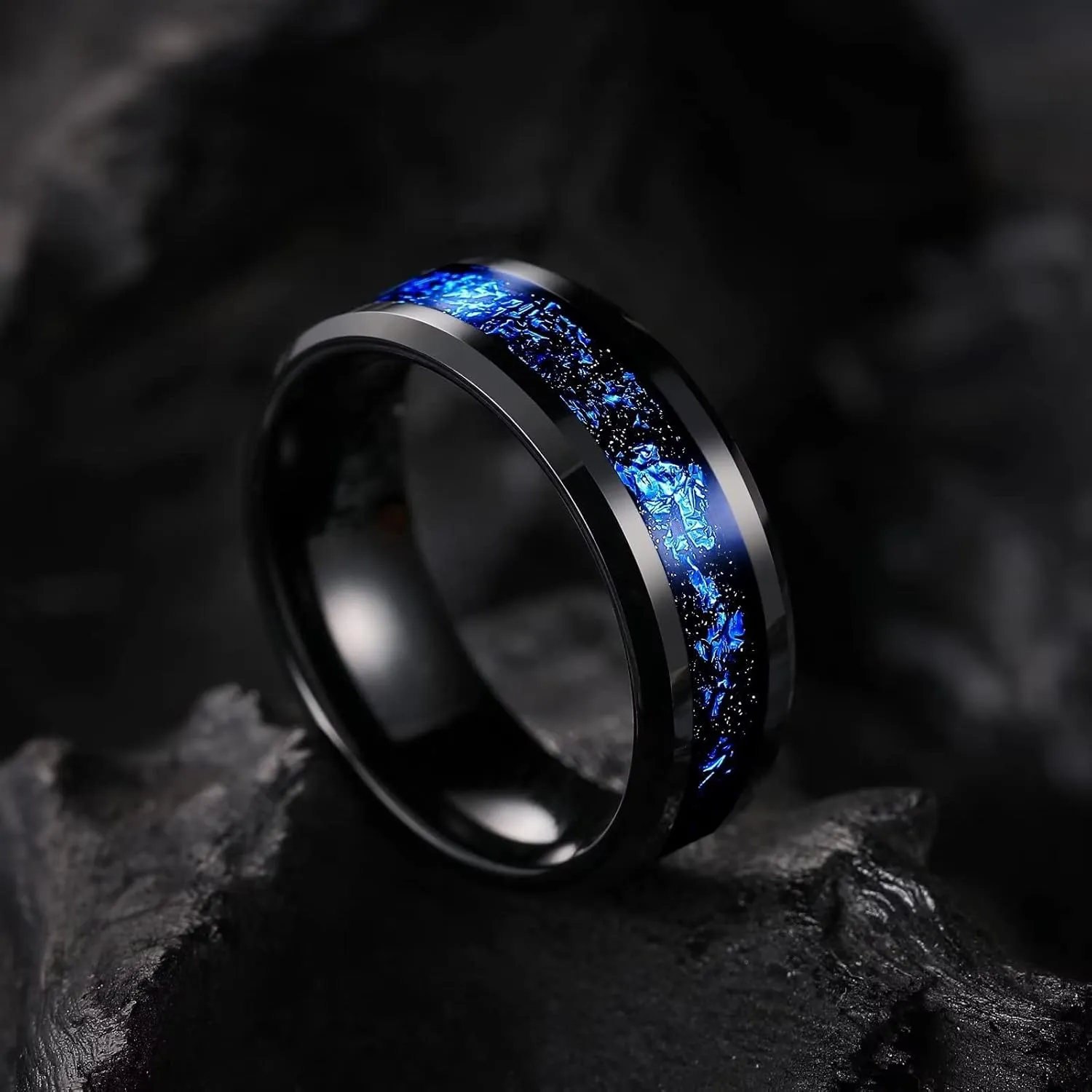 King Will Mens 8mm Black/Silver Tungsten Carbide Wedding Rings with Blue/Gold/Red Foils Inlay Beveled Edge Wedding Band Comfort Fit