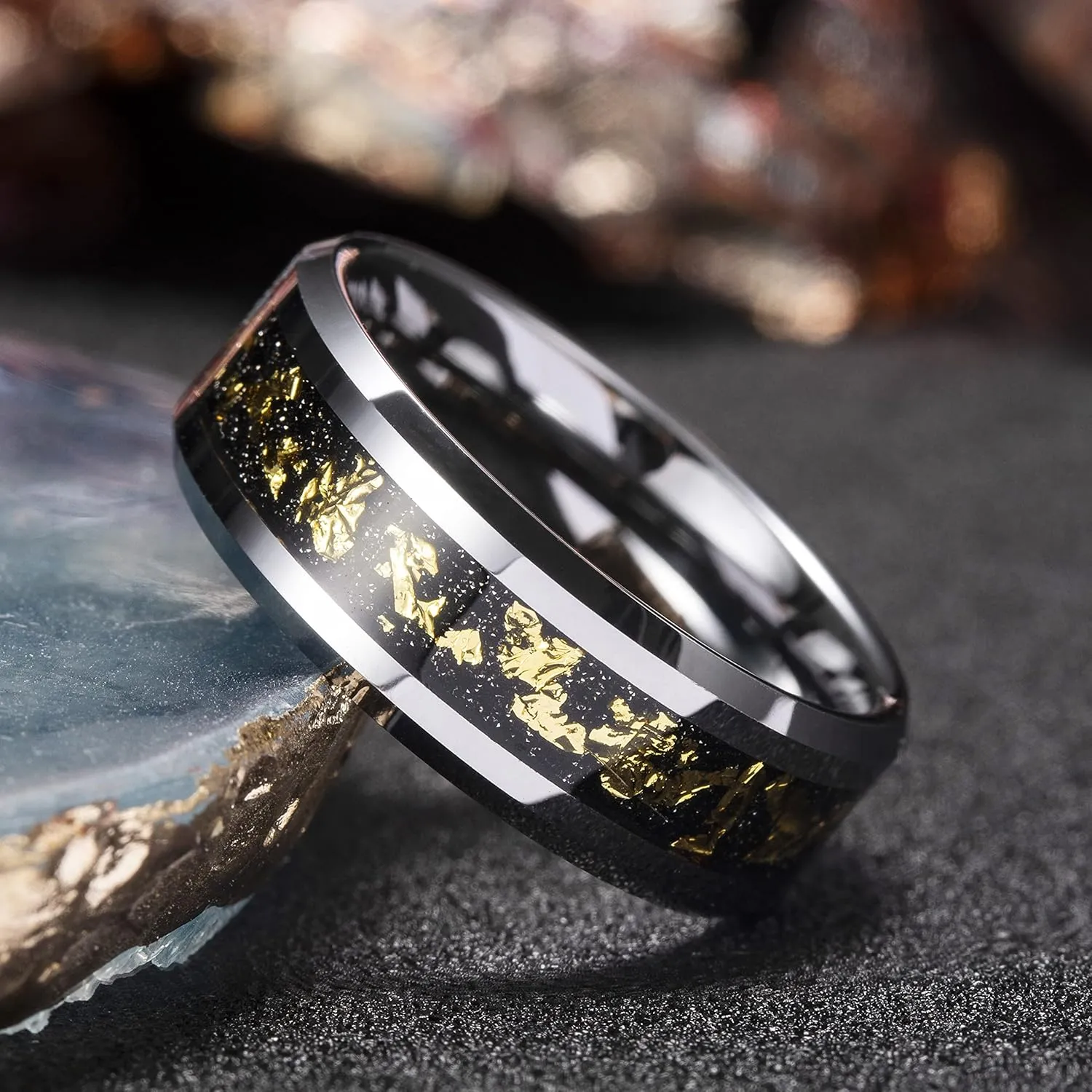 King Will Mens 8mm Black/Silver Tungsten Carbide Wedding Rings with Blue/Gold/Red Foils Inlay Beveled Edge Wedding Band Comfort Fit