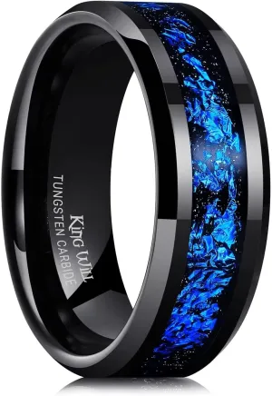 King Will Mens 8mm Black/Silver Tungsten Carbide Wedding Rings with Blue/Gold/Red Foils Inlay Beveled Edge Wedding Band Comfort Fit