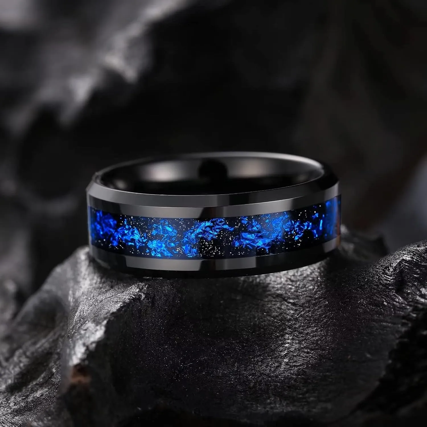 King Will Mens 8mm Black/Silver Tungsten Carbide Wedding Rings with Blue/Gold/Red Foils Inlay Beveled Edge Wedding Band Comfort Fit