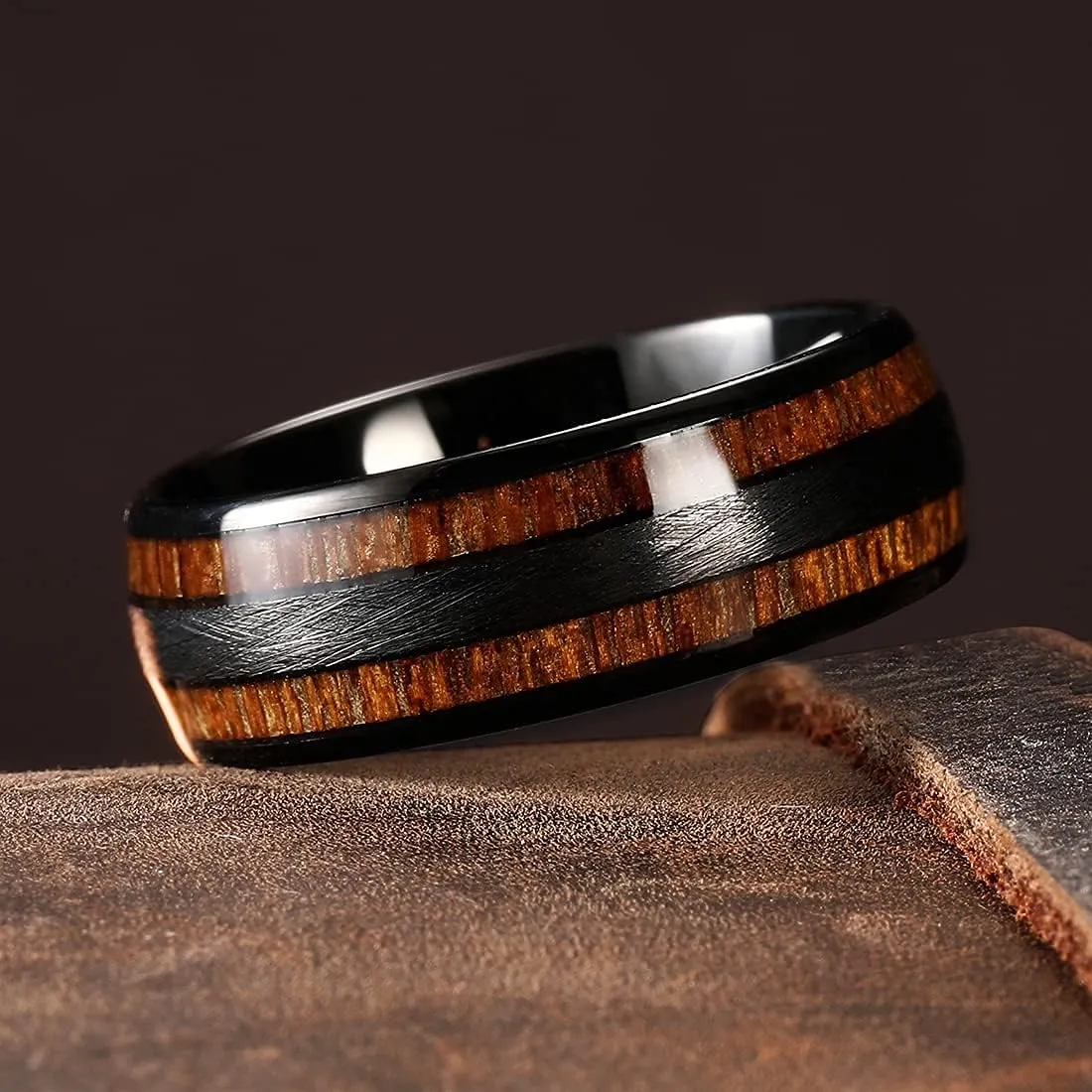 King Will Nature 8mm Mens Domed Blue/Green/Brown/Black Maple Inlay Black/Silver Tungsten Carbide Ring Brushed Wedding Band