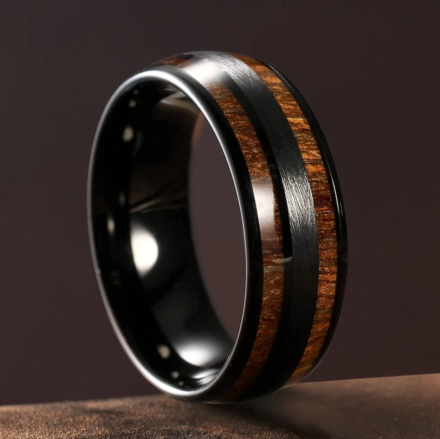 King Will Nature 8mm Mens Domed Blue/Green/Brown/Black Maple Inlay Black/Silver Tungsten Carbide Ring Brushed Wedding Band