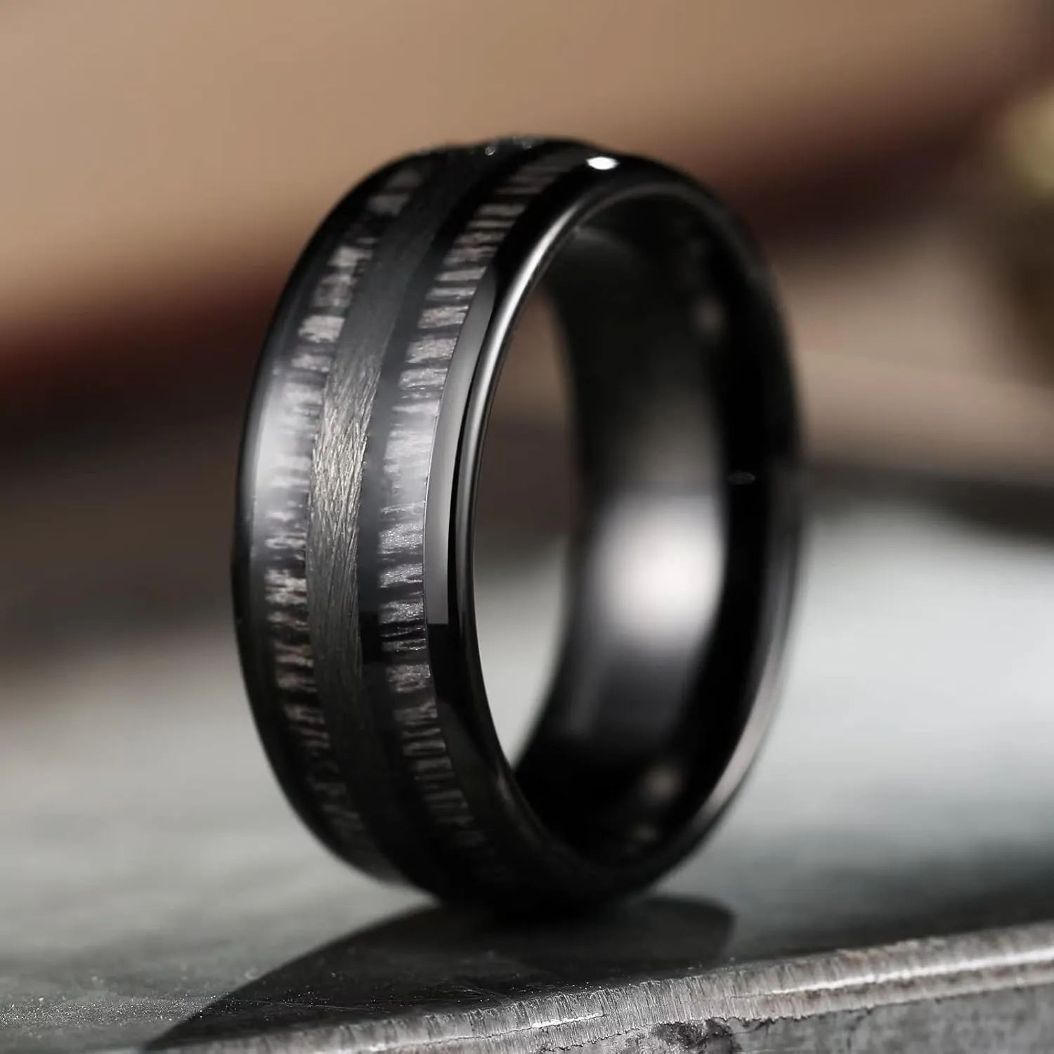 King Will Nature 8mm Mens Domed Blue/Green/Brown/Black Maple Inlay Black/Silver Tungsten Carbide Ring Brushed Wedding Band