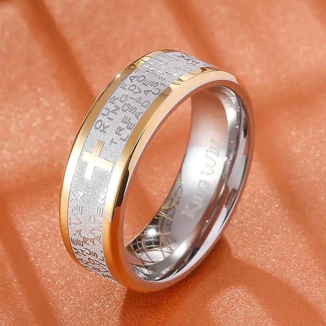 King Will Stainless Steel Men Ring 8mm Lord's Prayer Cross Ring Stainless Steel Men Wedding Ring, Gold/Silver/Black Wedding Band Bible Engraved Rings High Polished, Comfort Fit Size 7-14