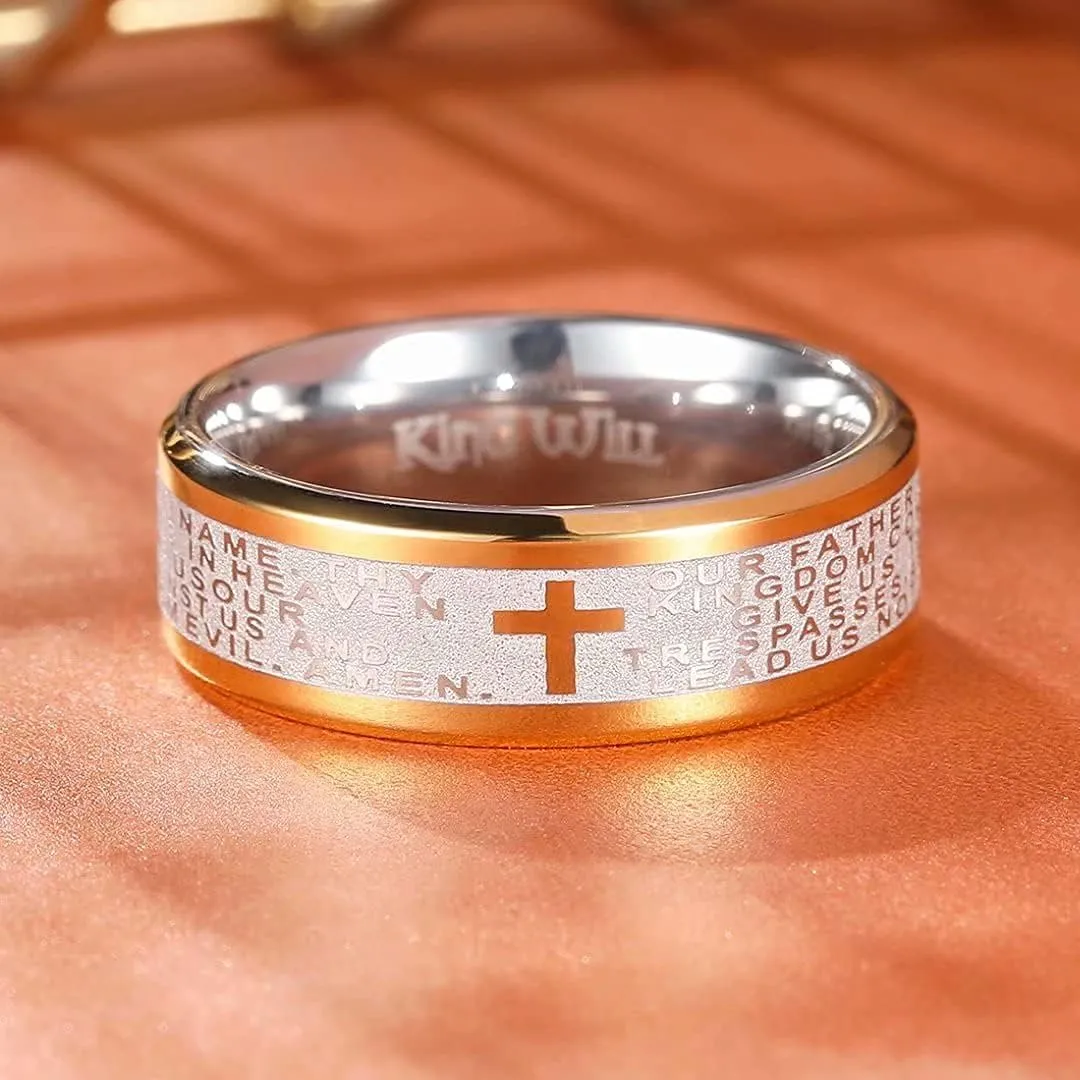 King Will Stainless Steel Men Ring 8mm Lord's Prayer Cross Ring Stainless Steel Men Wedding Ring, Gold/Silver/Black Wedding Band Bible Engraved Rings High Polished, Comfort Fit Size 7-14