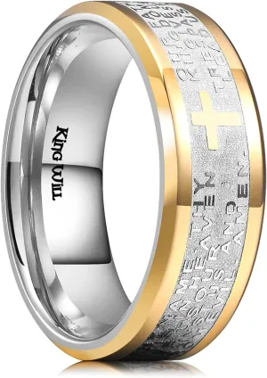 King Will Stainless Steel Men Ring 8mm Lord's Prayer Cross Ring Stainless Steel Men Wedding Ring, Gold/Silver/Black Wedding Band Bible Engraved Rings High Polished, Comfort Fit Size 7-14