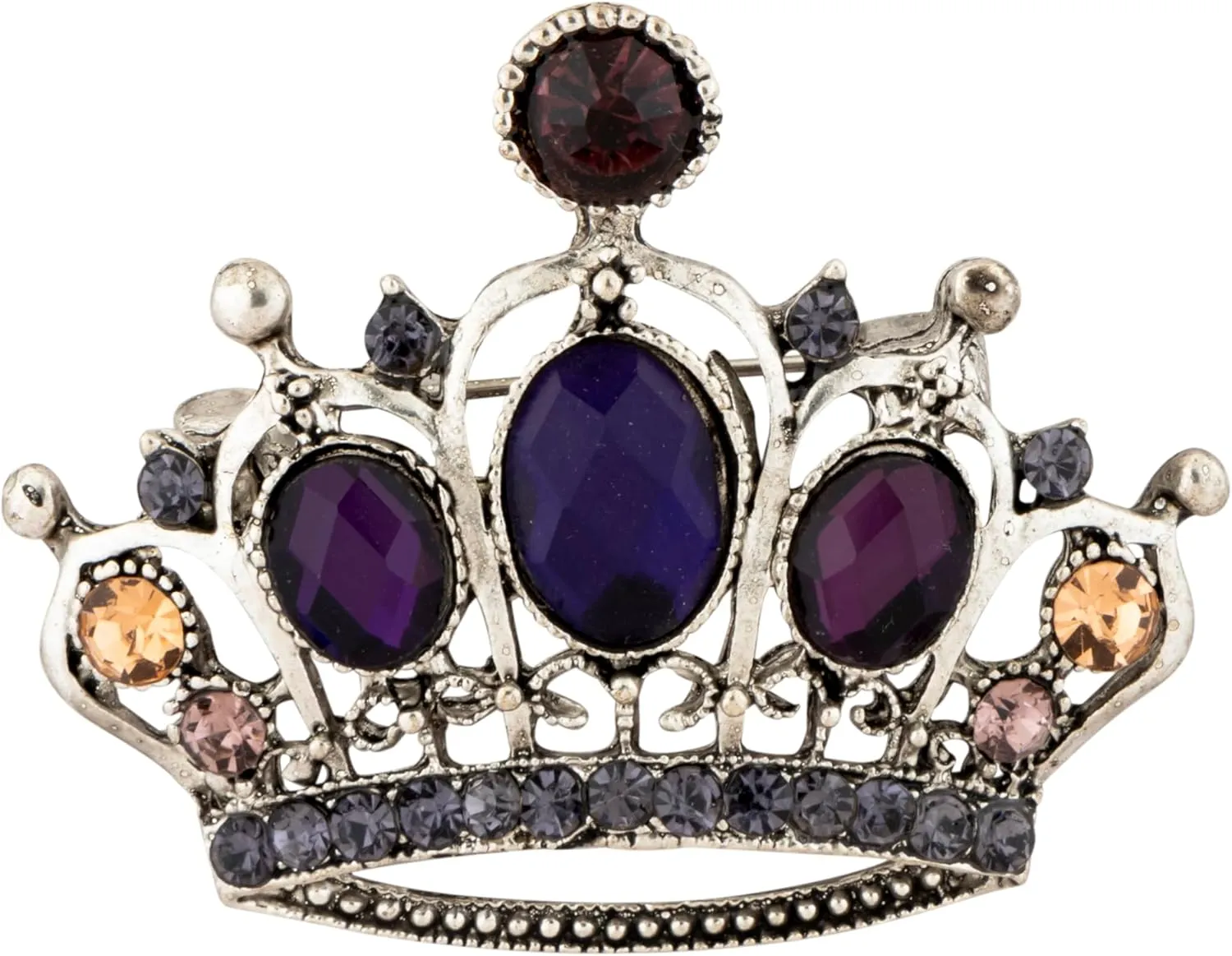 Knighthood Silver Crown Brooch with Purple Stone Detailing Lapel Pin Shirt Stud for Men and Women