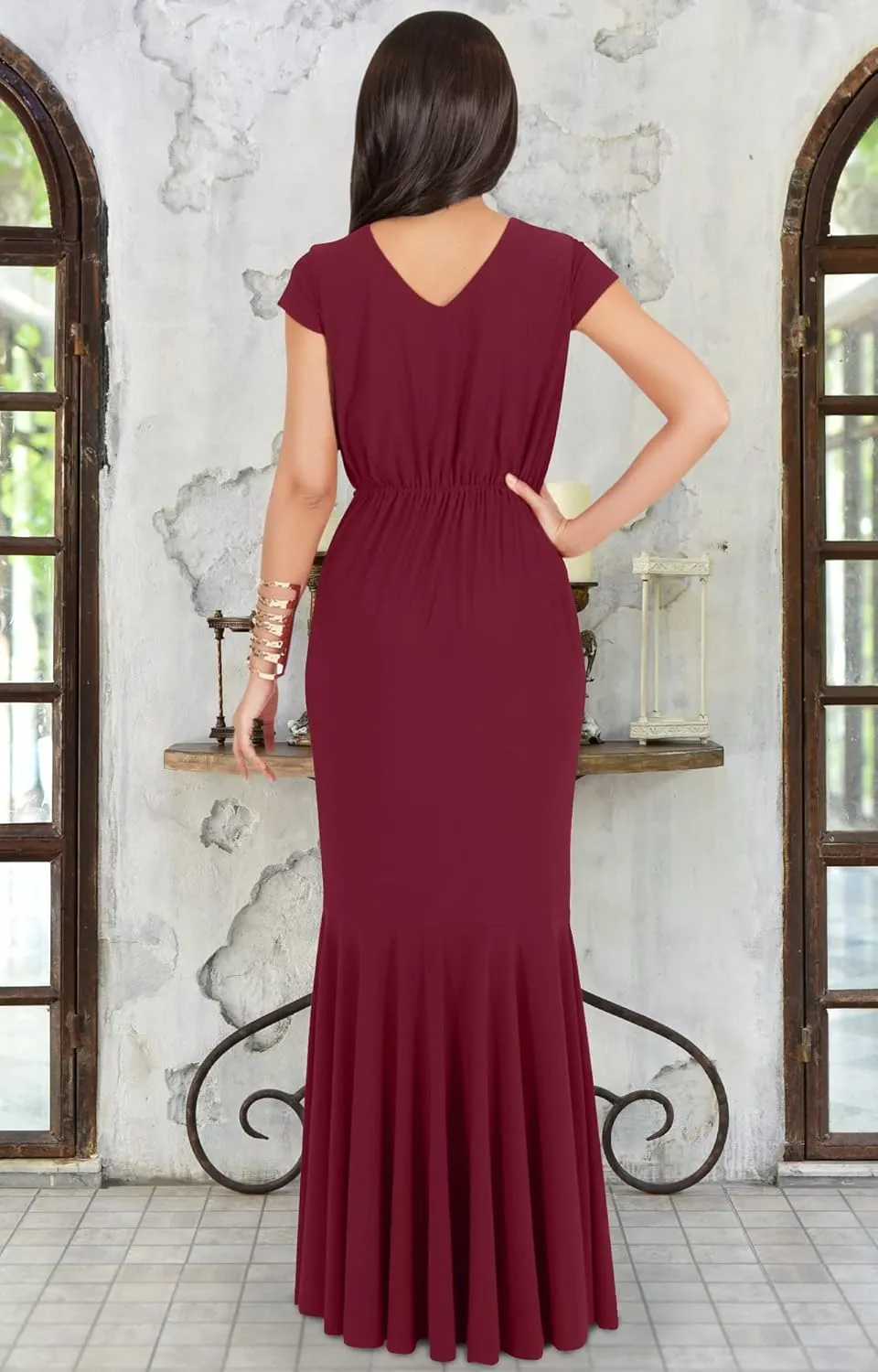 KOH KOH Womens Long Cap Sleeve Elegant Formal Sexy Evening Cocktail Maxi Dress