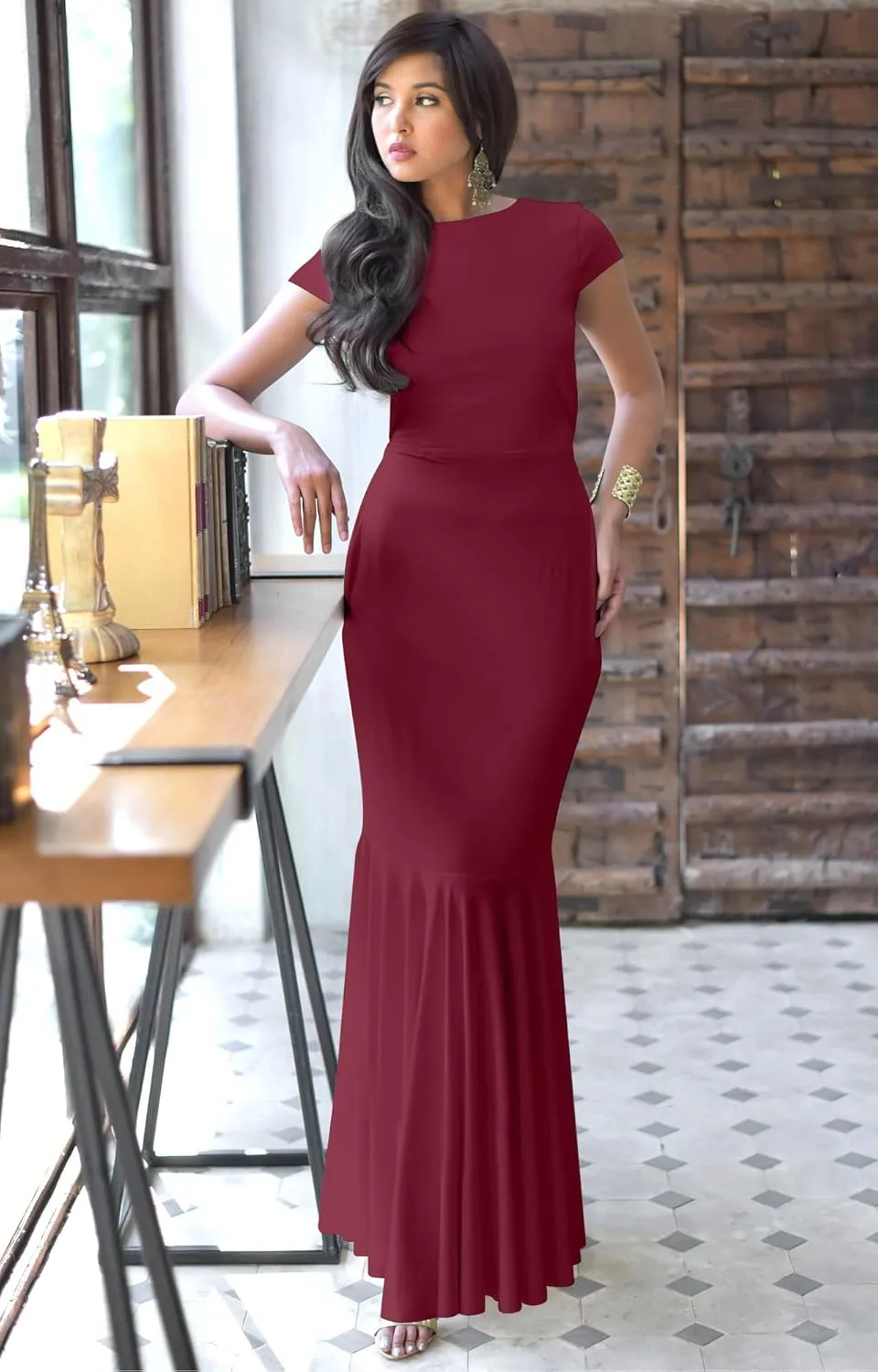 KOH KOH Womens Long Cap Sleeve Elegant Formal Sexy Evening Cocktail Maxi Dress