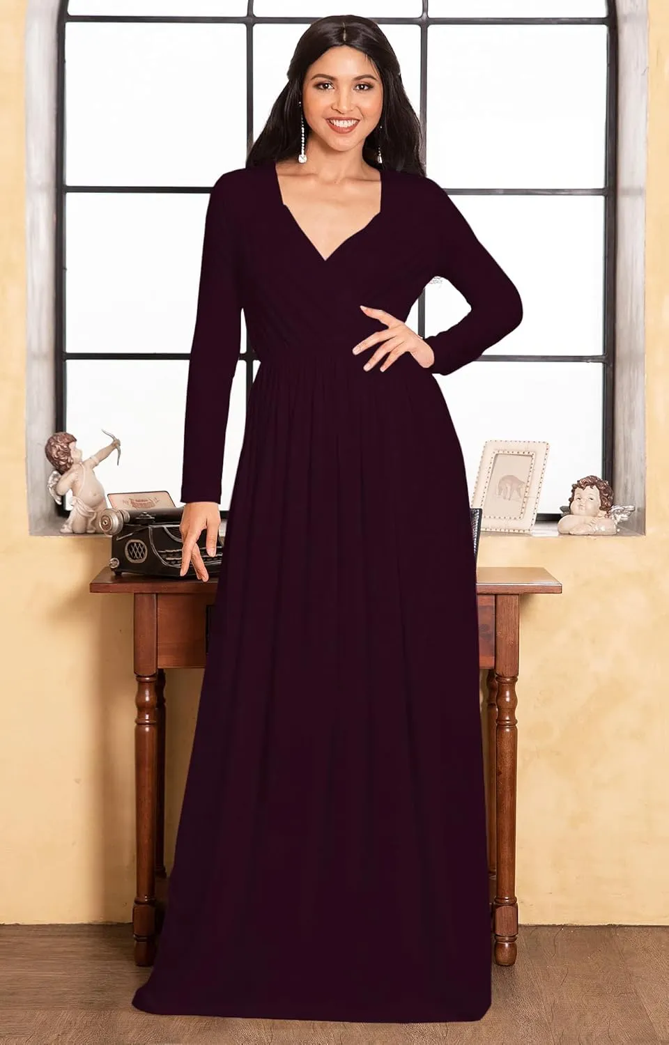 KOH KOH Womens Long Sleeve Empire Cocktail Elegant Evening Versatile Maxi Dress