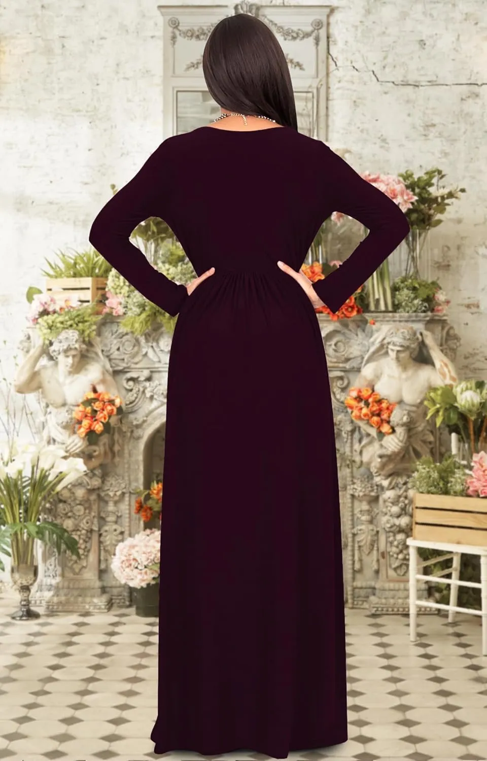 KOH KOH Womens Long Sleeve Empire Cocktail Elegant Evening Versatile Maxi Dress
