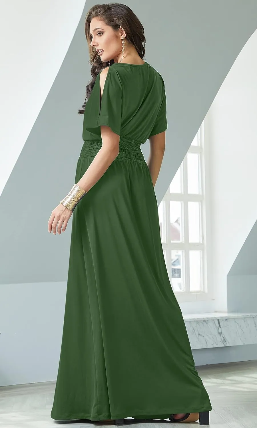 KOH KOH Womens Split Sleeves Smocked Elegant Cocktail Long Maxi Dress