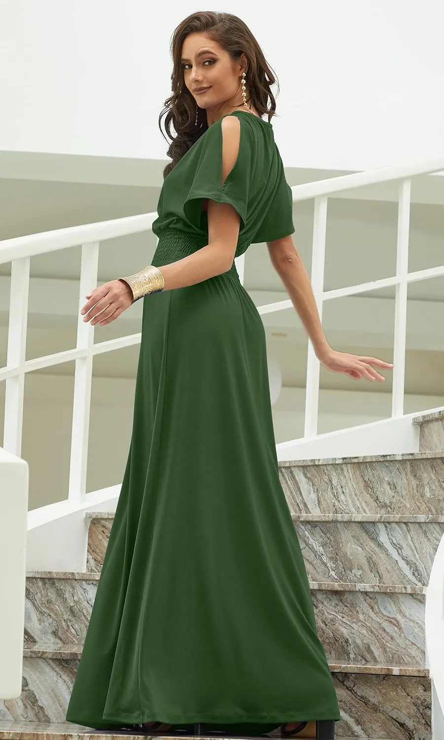 KOH KOH Womens Split Sleeves Smocked Elegant Cocktail Long Maxi Dress