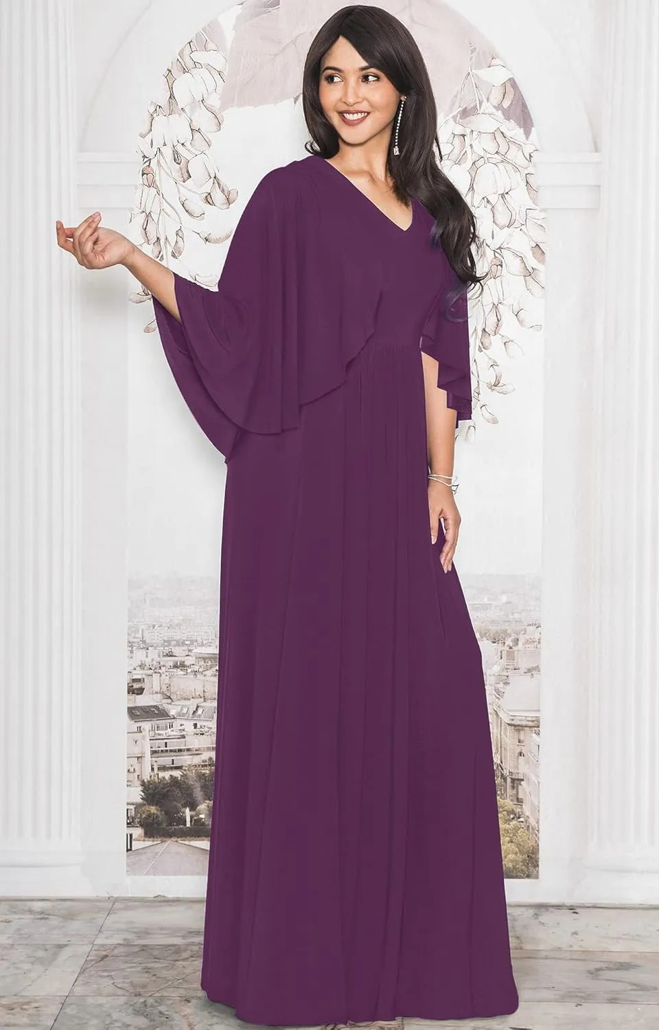 KOH KOH Womens V-Neck Elegant Batwing Cape Sleeves Cocktail Maxi Dress Gown
