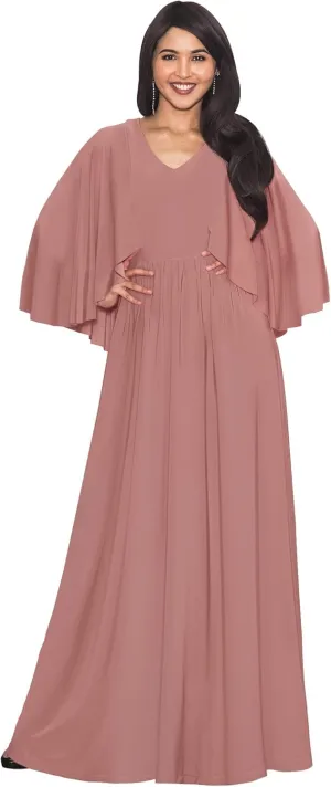 KOH KOH Womens V-Neck Elegant Batwing Cape Sleeves Cocktail Maxi Dress Gown