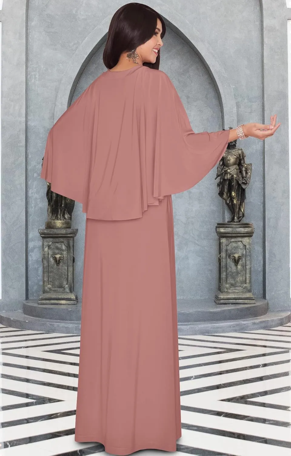 KOH KOH Womens V-Neck Elegant Batwing Cape Sleeves Cocktail Maxi Dress Gown