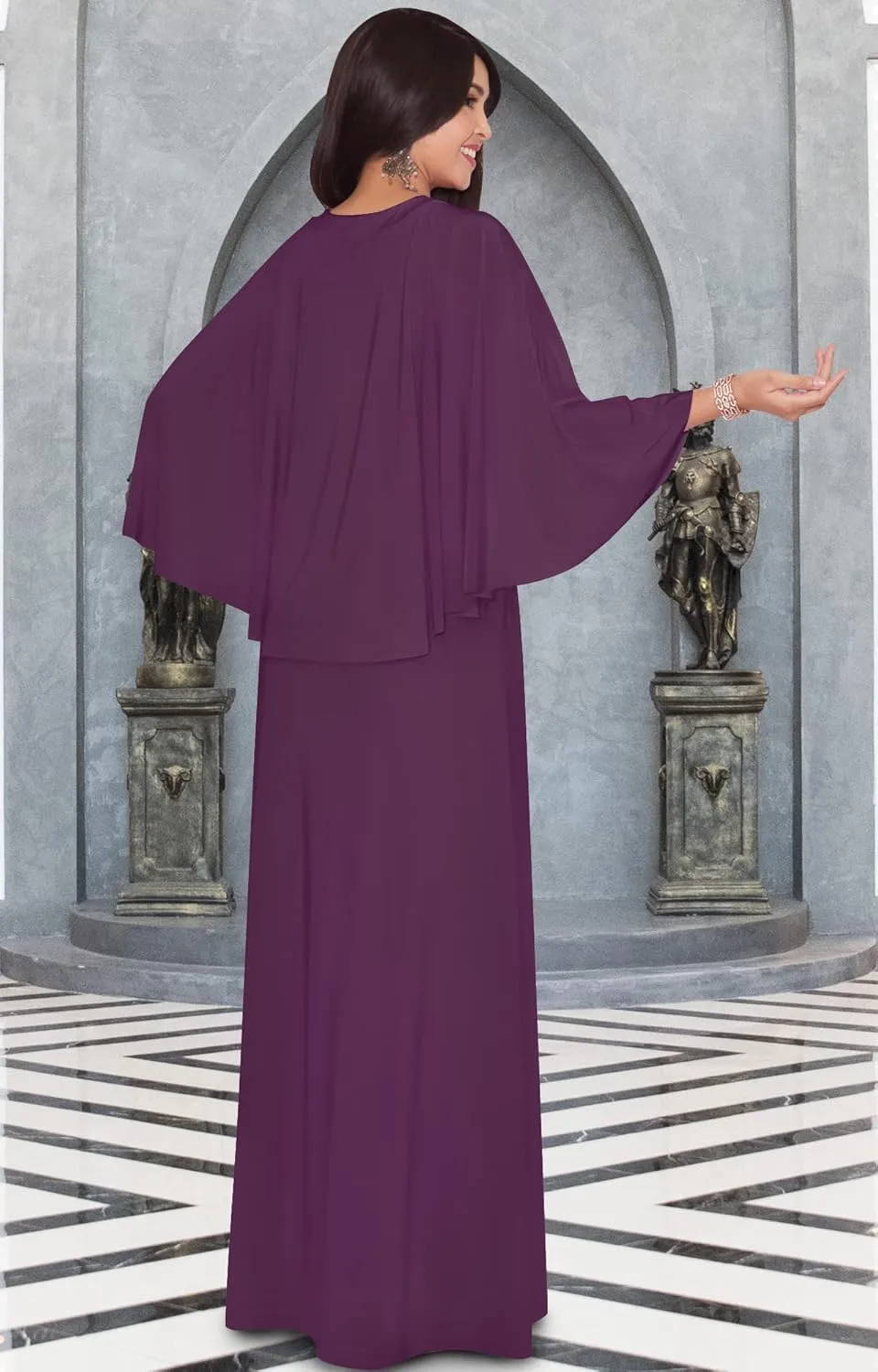 KOH KOH Womens V-Neck Elegant Batwing Cape Sleeves Cocktail Maxi Dress Gown