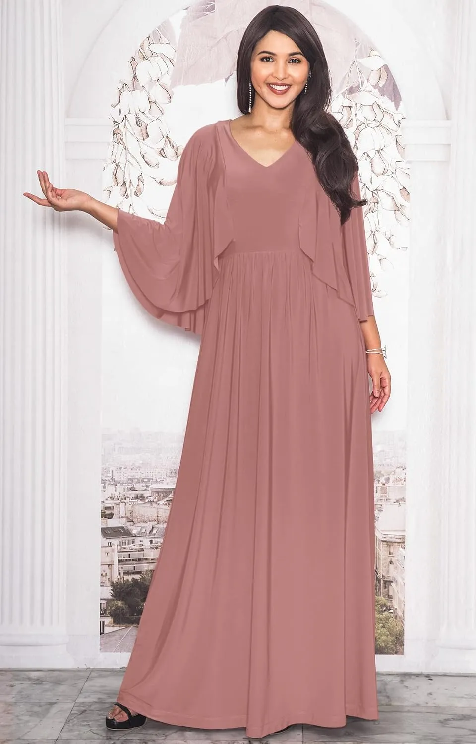 KOH KOH Womens V-Neck Elegant Batwing Cape Sleeves Cocktail Maxi Dress Gown