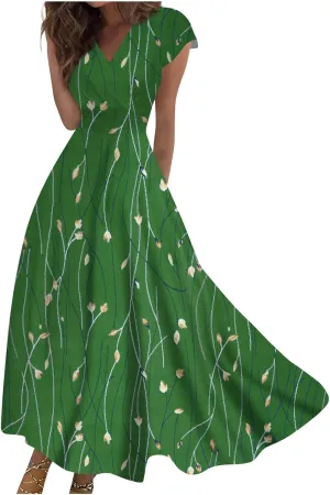 Ladies Sexy Vintage Dresses Bohemian Summer Maxi Loose Fit 2025 V Neck Short Sleeve Daily A Line Loose Fit Party Dress