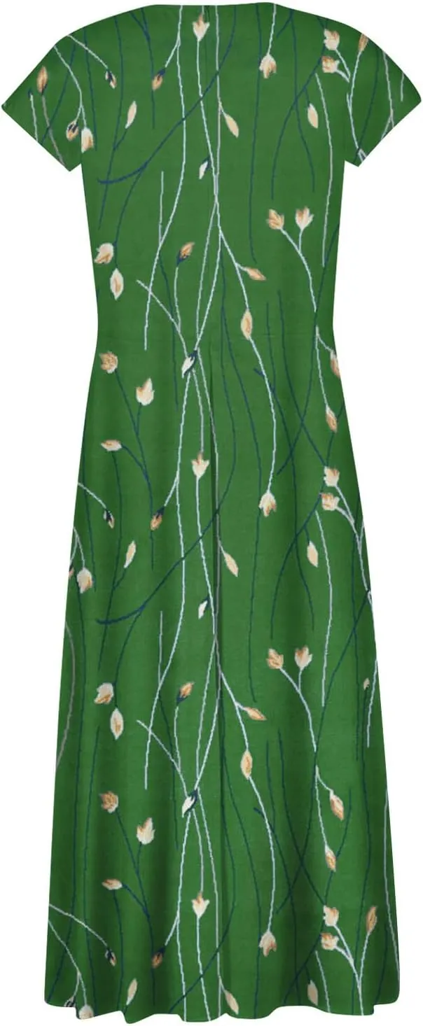 Ladies Sexy Vintage Dresses Bohemian Summer Maxi Loose Fit 2025 V Neck Short Sleeve Daily A Line Loose Fit Party Dress