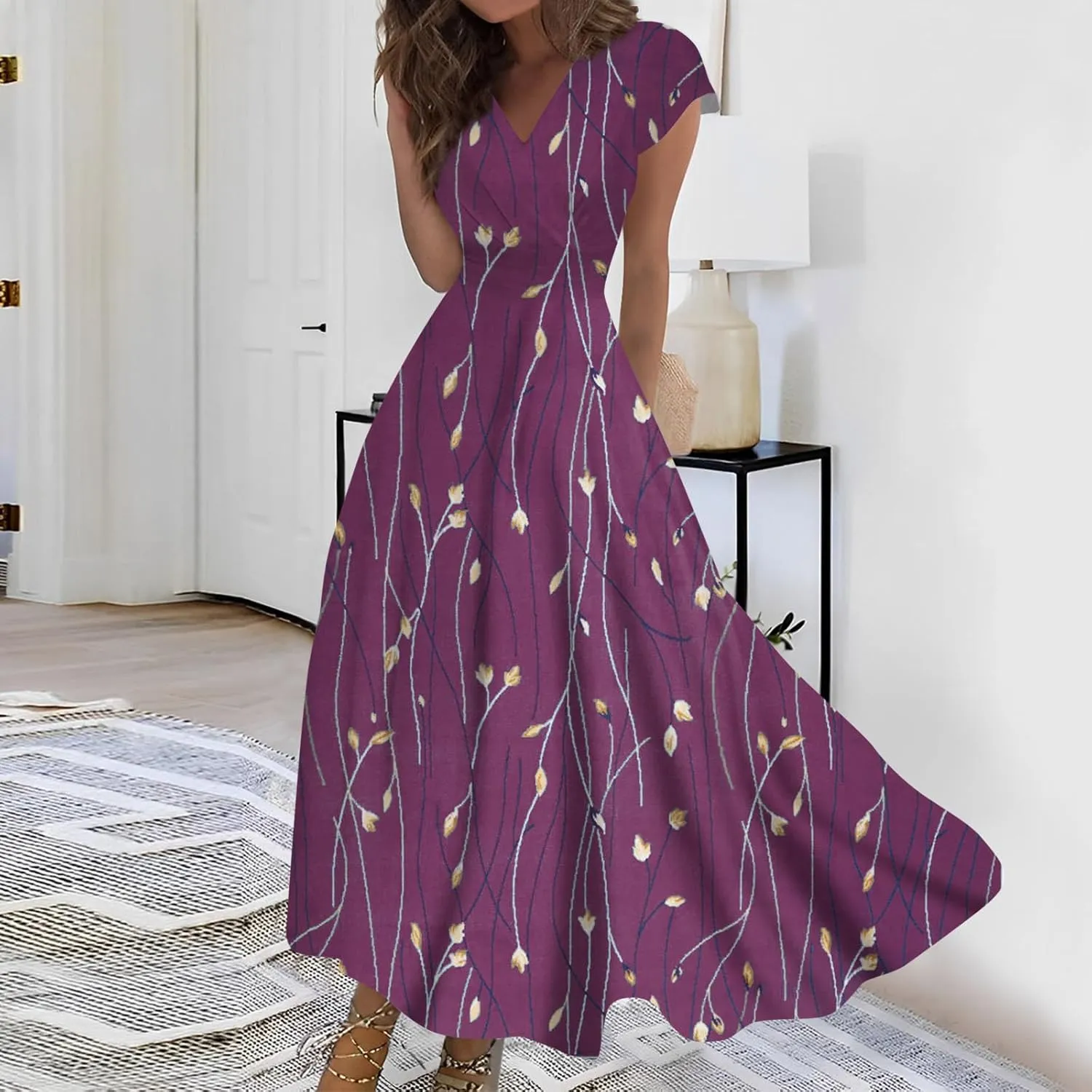 Ladies Sexy Vintage Dresses Bohemian Summer Maxi Loose Fit 2025 V Neck Short Sleeve Daily A Line Loose Fit Party Dress
