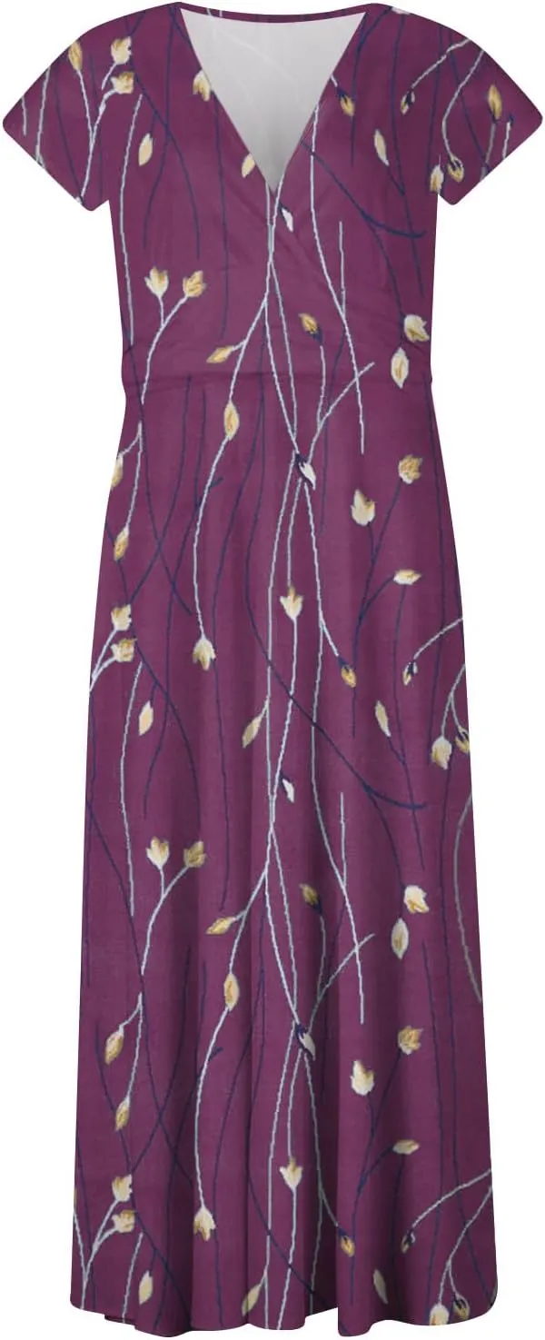 Ladies Sexy Vintage Dresses Bohemian Summer Maxi Loose Fit 2025 V Neck Short Sleeve Daily A Line Loose Fit Party Dress