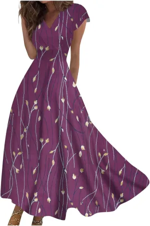 Ladies Sexy Vintage Dresses Bohemian Summer Maxi Loose Fit 2025 V Neck Short Sleeve Daily A Line Loose Fit Party Dress