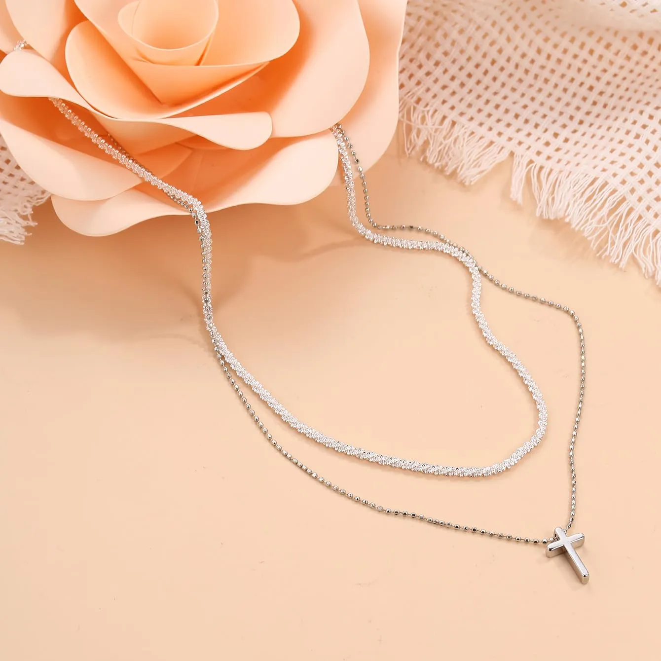 Layered Cross Necklace for Women Dainty Gold Pearl Cross Choker Necklaces Jewelry for Women(C)