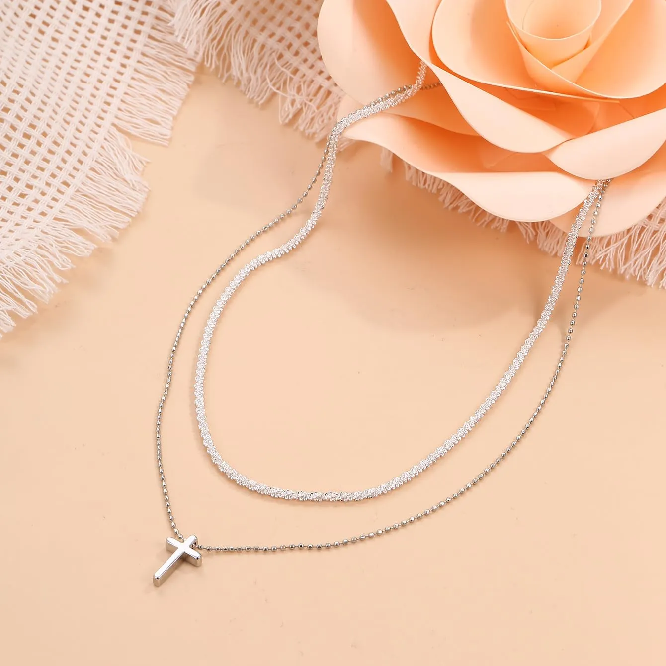 Layered Cross Necklace for Women Dainty Gold Pearl Cross Choker Necklaces Jewelry for Women(C)