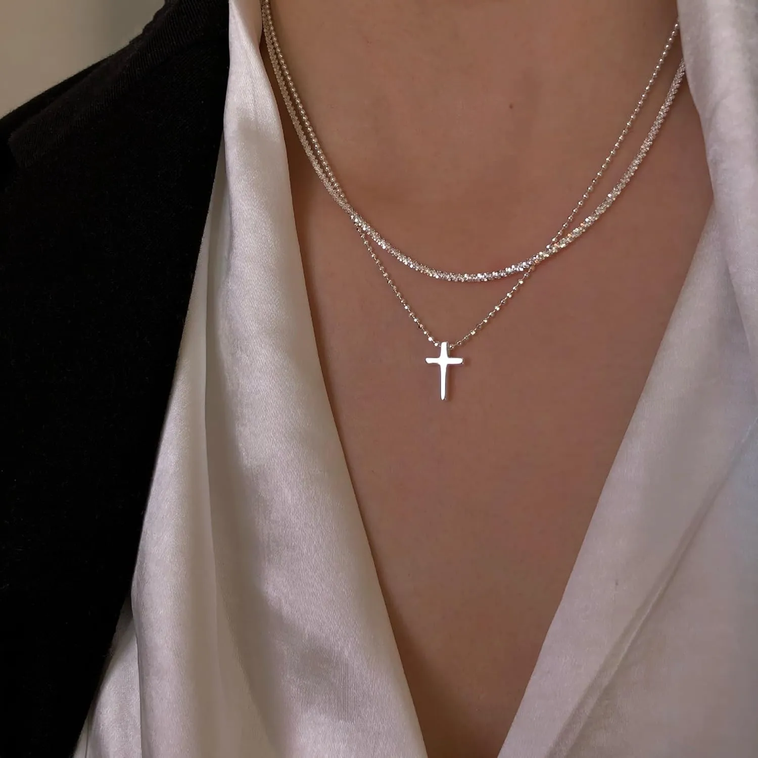 Layered Cross Necklace for Women Dainty Gold Pearl Cross Choker Necklaces Jewelry for Women(C)