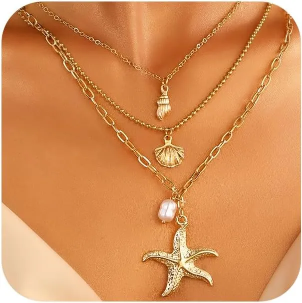 Layered Gold Starfish Sea Shell Star Necklace for Women Trendy, Charm Seashell Conch Pearl Choker Necklaces Beads Paperclip Chain Beach Holiday Jewelry