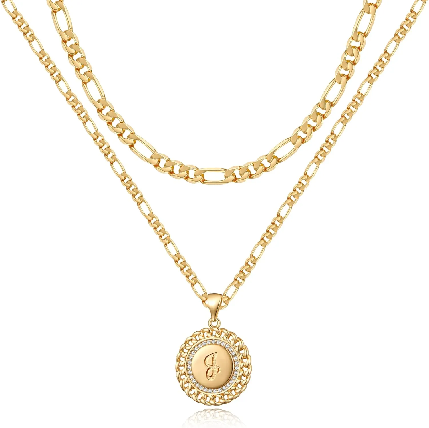 Layered Initial Gold Necklaces for Women, 14K Gold Plated Figaro Chain Initial Necklace for Women Gold Pendent Necklaces Trendy Gold Jewelry for Women