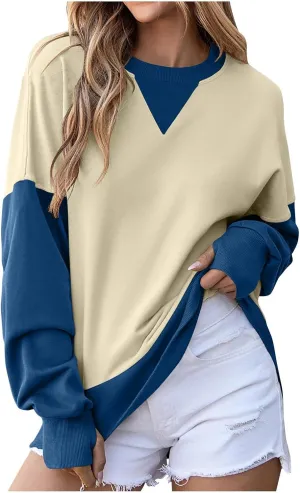Lightweight Sweatshirts for Women Trendy Oversize Long Sleeve Top Color Block Pullover Classic Crew Neck Sweat Shirt