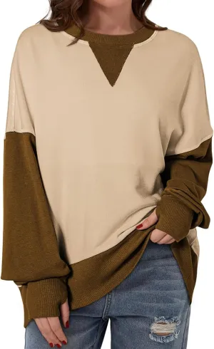 Lightweight Sweatshirts for Women Trendy Oversize Long Sleeve Top Color Block Pullover Classic Crew Neck Sweat Shirt