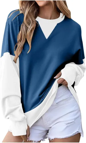 Lightweight Sweatshirts for Women Trendy Oversize Long Sleeve Top Color Block Pullover Classic Crew Neck Sweat Shirt