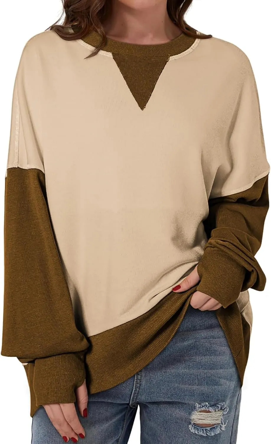 Lightweight Sweatshirts for Women Trendy Oversize Long Sleeve Top Color Block Pullover Classic Crew Neck Sweat Shirt