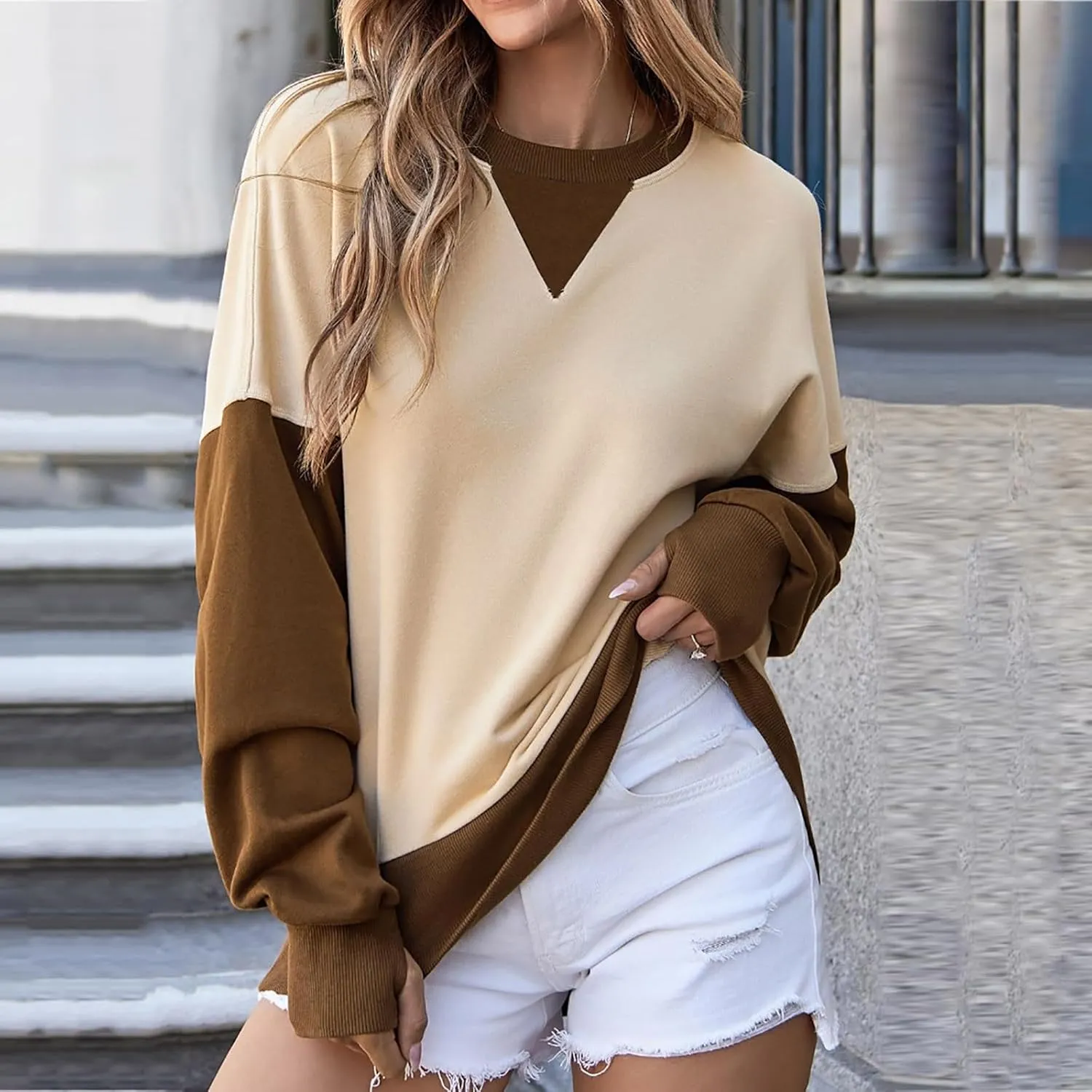Lightweight Sweatshirts for Women Trendy Oversize Long Sleeve Top Color Block Pullover Classic Crew Neck Sweat Shirt