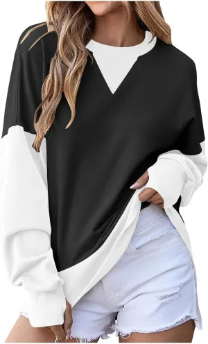 Lightweight Sweatshirts for Women Trendy Oversize Long Sleeve Top Color Block Pullover Classic Crew Neck Sweat Shirt