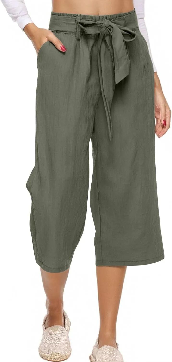 Linen Capri Pants for Women Belt Elastic Waist Plus Size Cropped Wide Leg Pants Loose Crop Beach Pants with Pockets