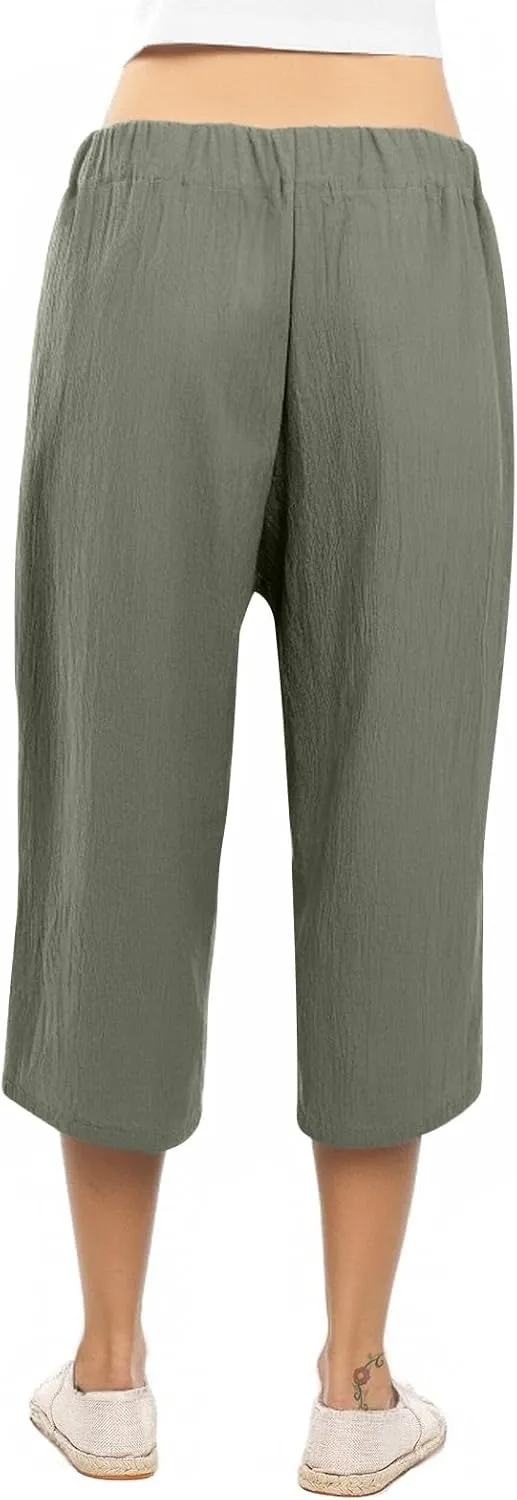 Linen Capri Pants for Women Belt Elastic Waist Plus Size Cropped Wide Leg Pants Loose Crop Beach Pants with Pockets
