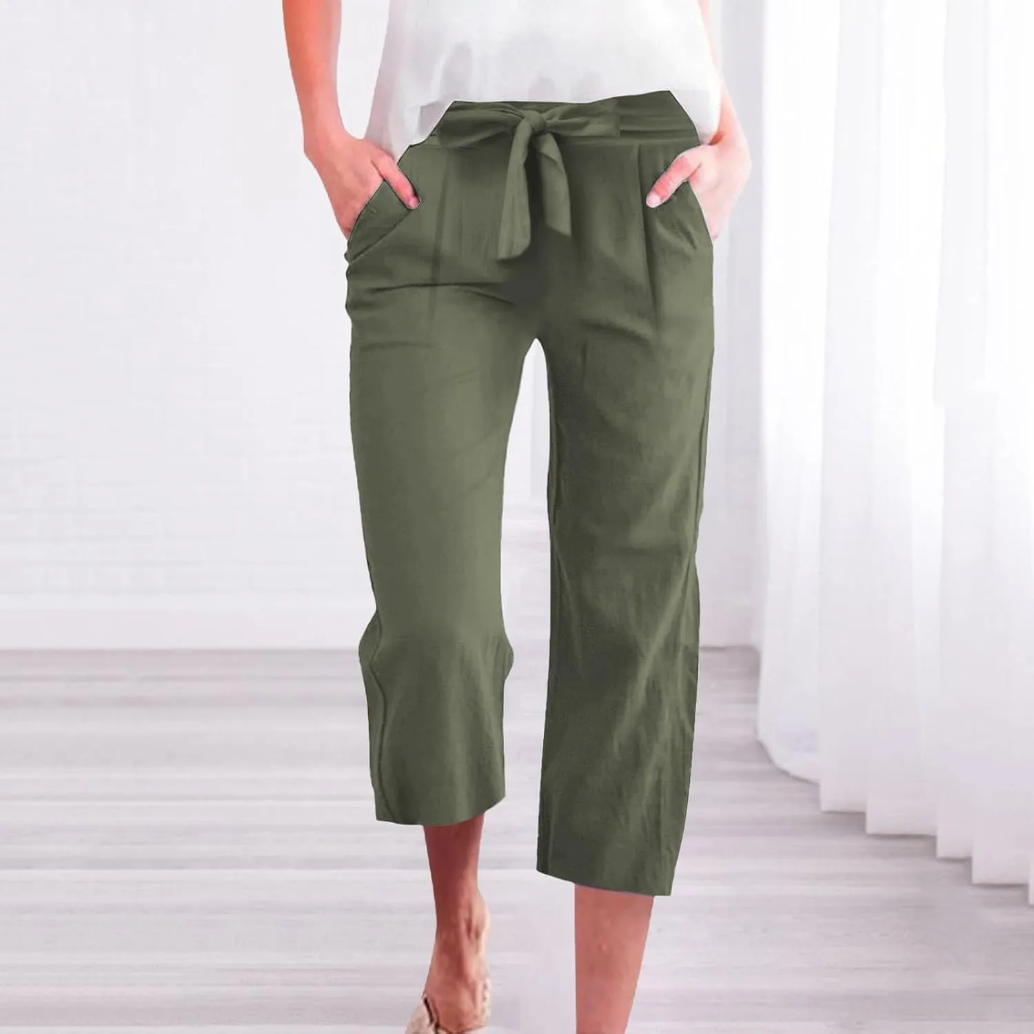 Linen Capri Pants for Women Belt Elastic Waist Plus Size Cropped Wide Leg Pants Loose Crop Beach Pants with Pockets