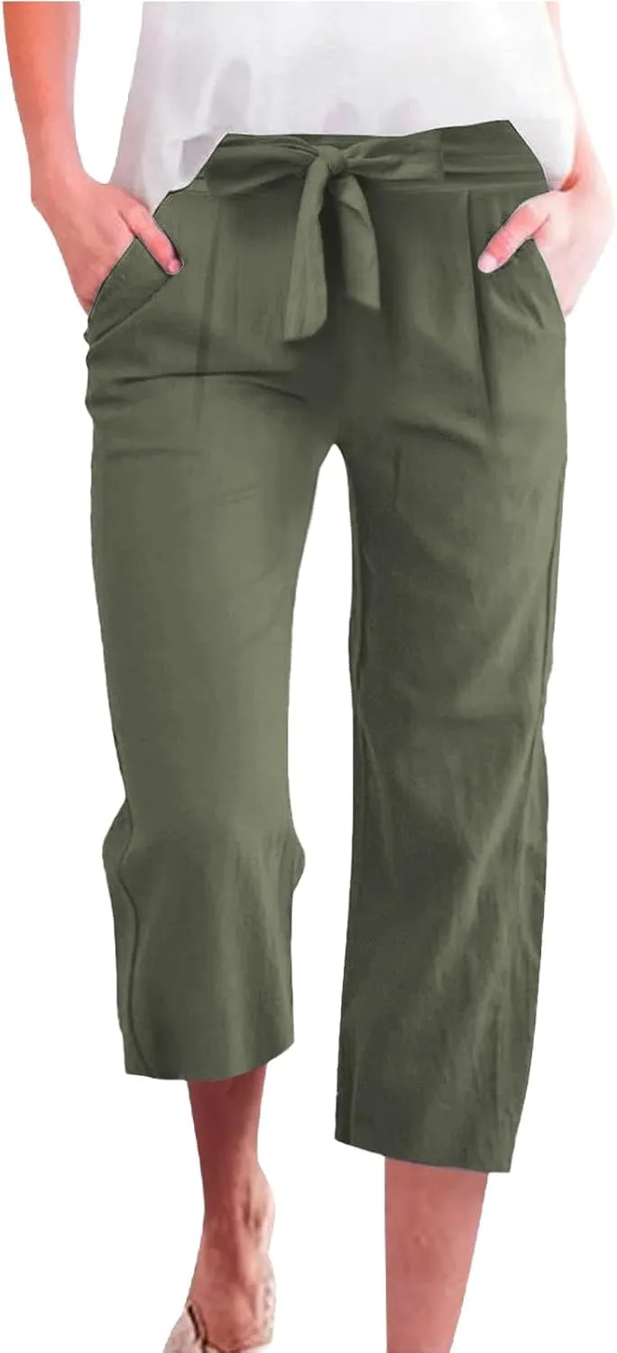 Linen Capri Pants for Women Belt Elastic Waist Plus Size Cropped Wide Leg Pants Loose Crop Beach Pants with Pockets