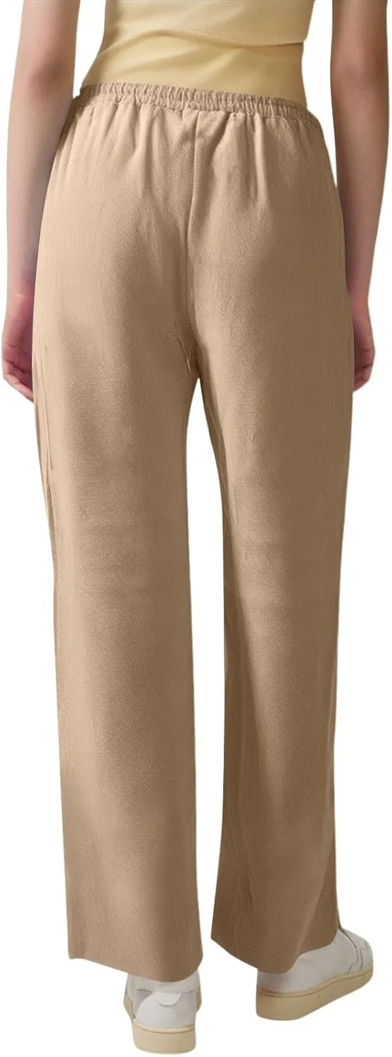 Linen Dress Pants Women Summer Casual Cotton Straight Leg Pants Elastic High Waisted Business Work Pants with Pockets