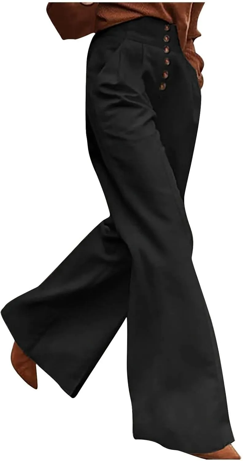 Linen Palazzo Pants for Women with Pocket Buttons Elastic Waist Pleated Straight Leg Stretchy Pants Office Trousers